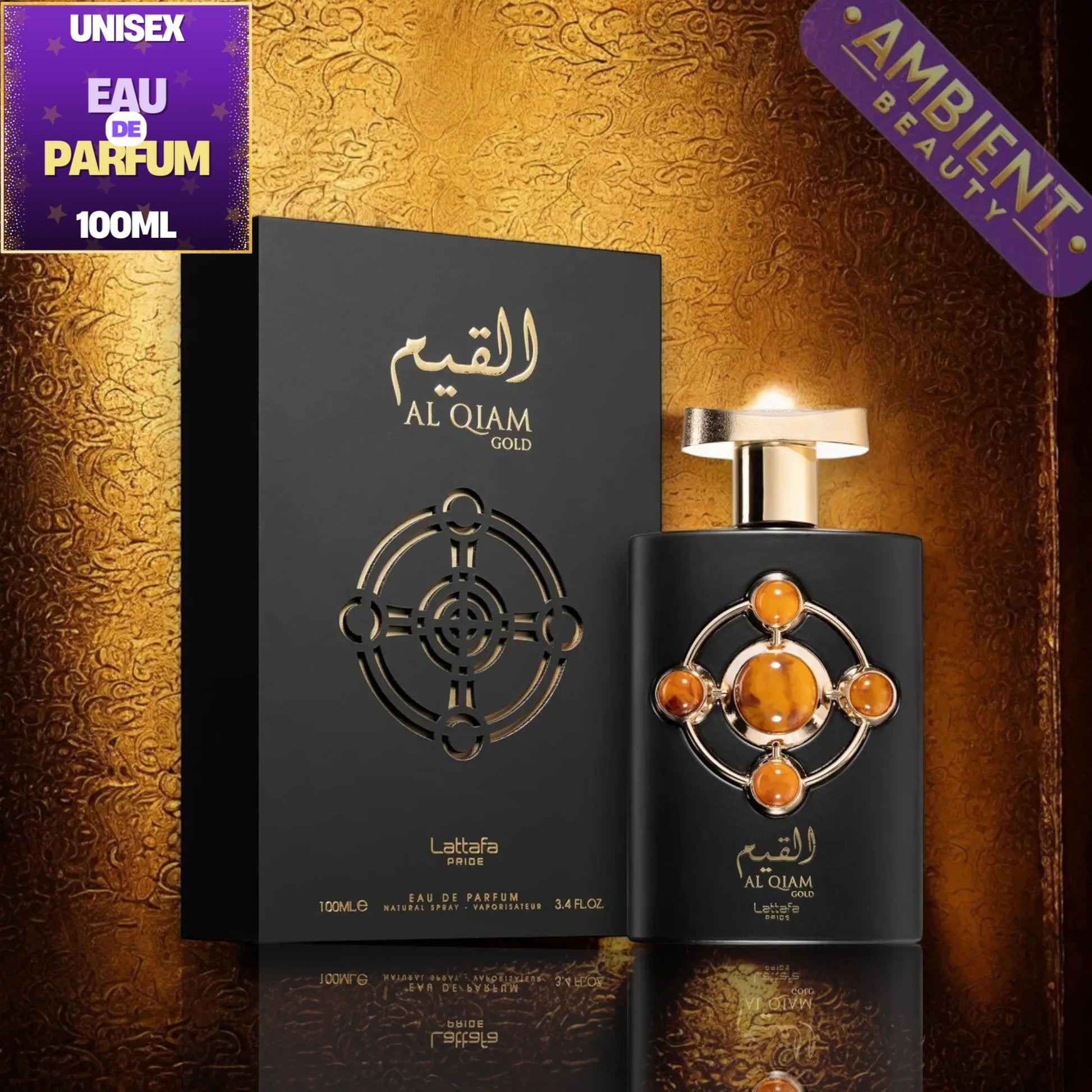 Al Qiam Gold Unisex Eau de Parfum 100ml bottle and its black packaging box, displayed against a textured gold background with promotional badges.