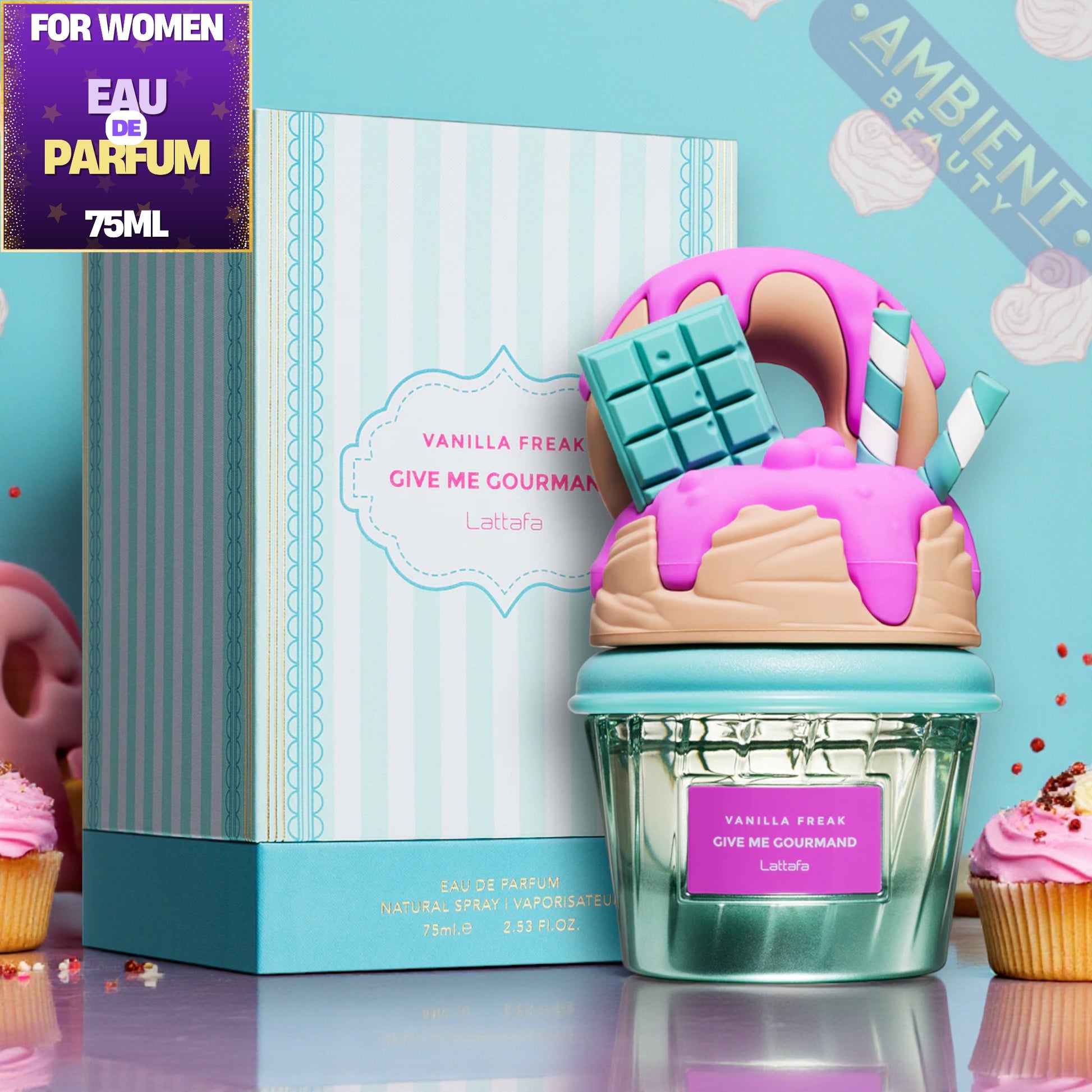 Lattafa Vanilla Freak Perfume bottle shaped like a cake with pink frosting and a chocolate bar, next to a box labeled 'Vanilla Freak' on a colorful background.