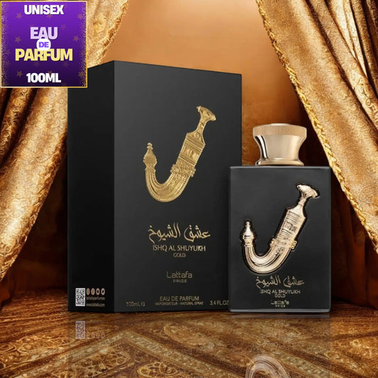 A 100ml bottle of Ishq Al Shuyukh Lahtafa Eau De Parfum next to its black packaging box, both featuring a gold crescent moon design, set against a luxurious gold draped background.
