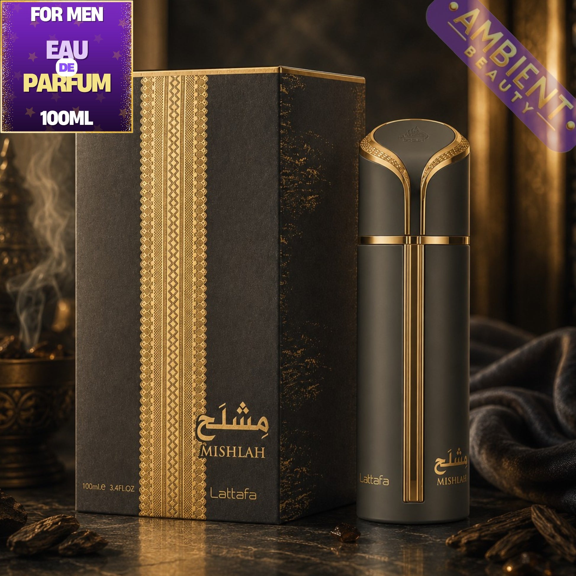 Lattafa Mishlah perfume bottle and packaging with 'Ambient Beauty' branding on a dark background.