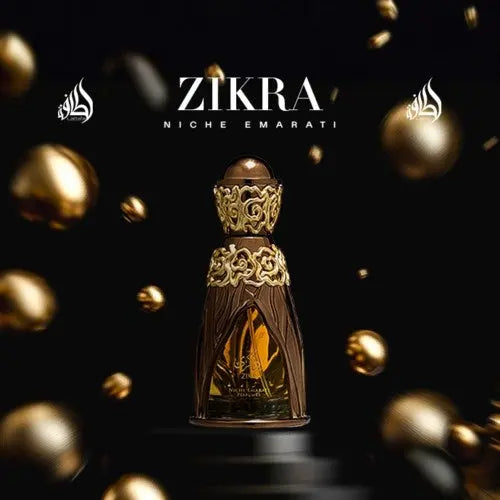 Zikra Niche Emarati perfume bottle with gold accents on a dark background