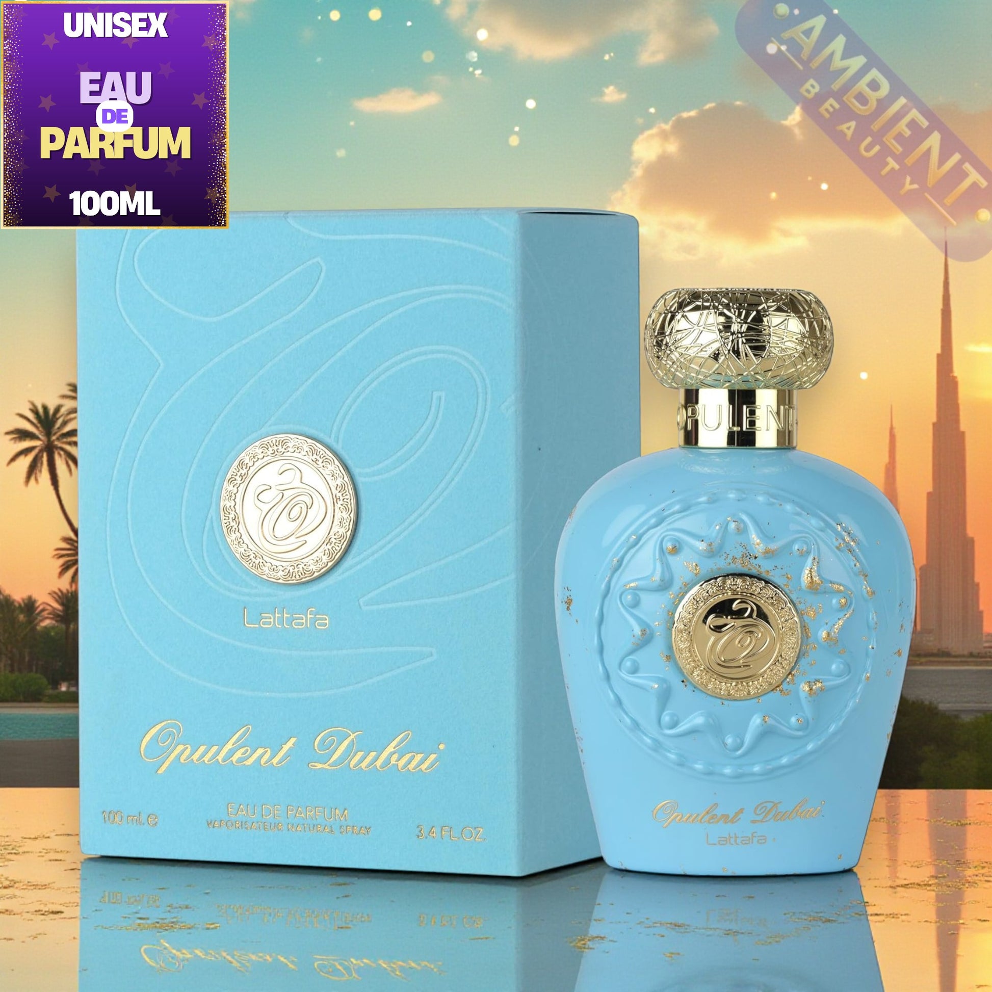 Lattafa Opulent Dubai Blue perfume bottle and packaging with 'Opulent Dubai' branding against a scenic background.