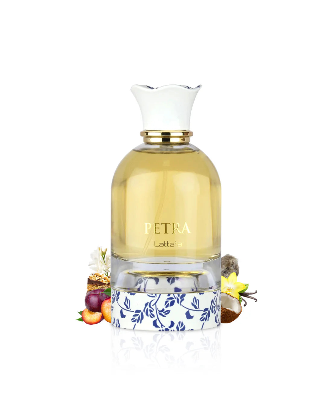 Perfume bottle labeled 'Petra' with decorative elements on a white background