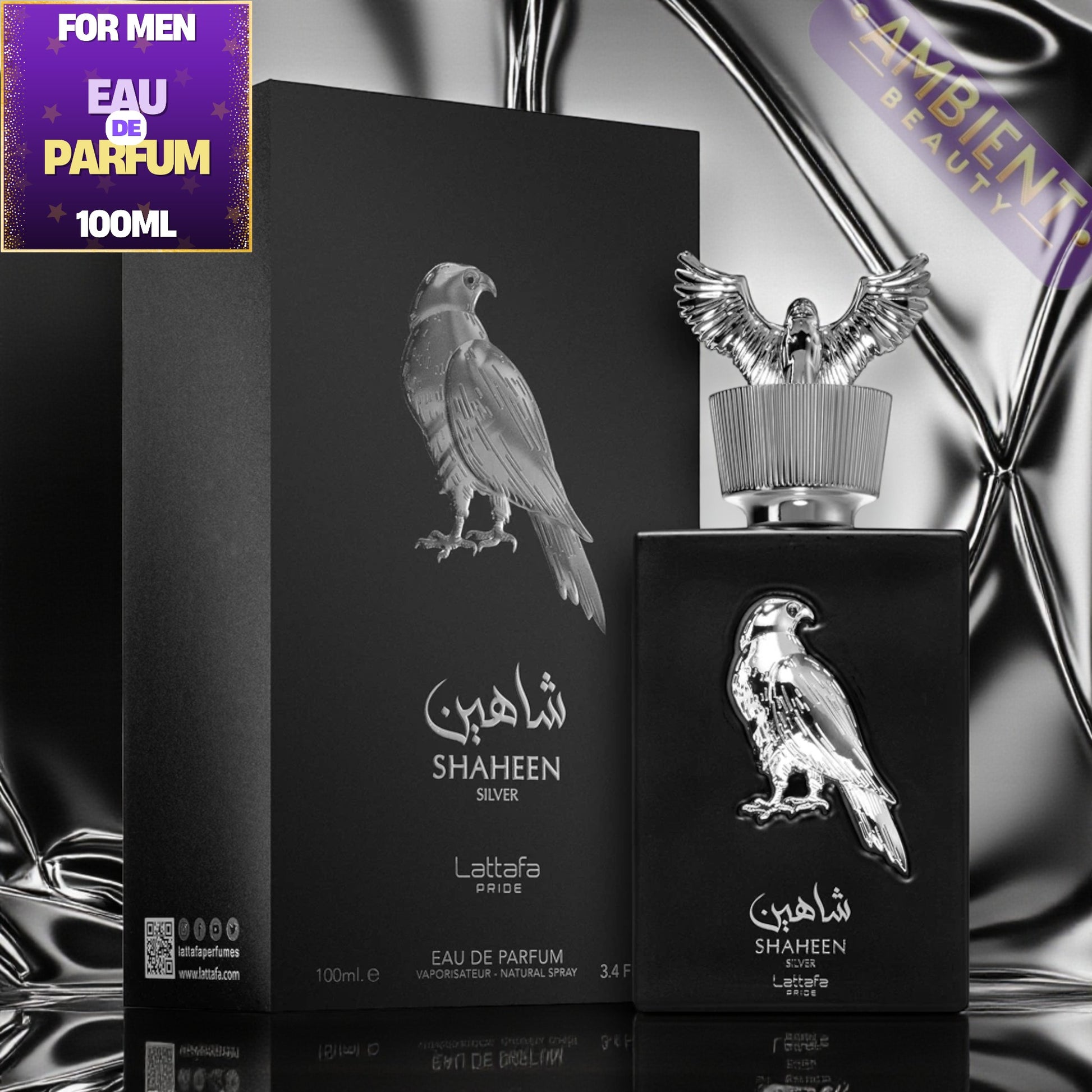 Lattafa Shaheen Silver Eau de Parfum packaging with an eagle design on a reflective surface.