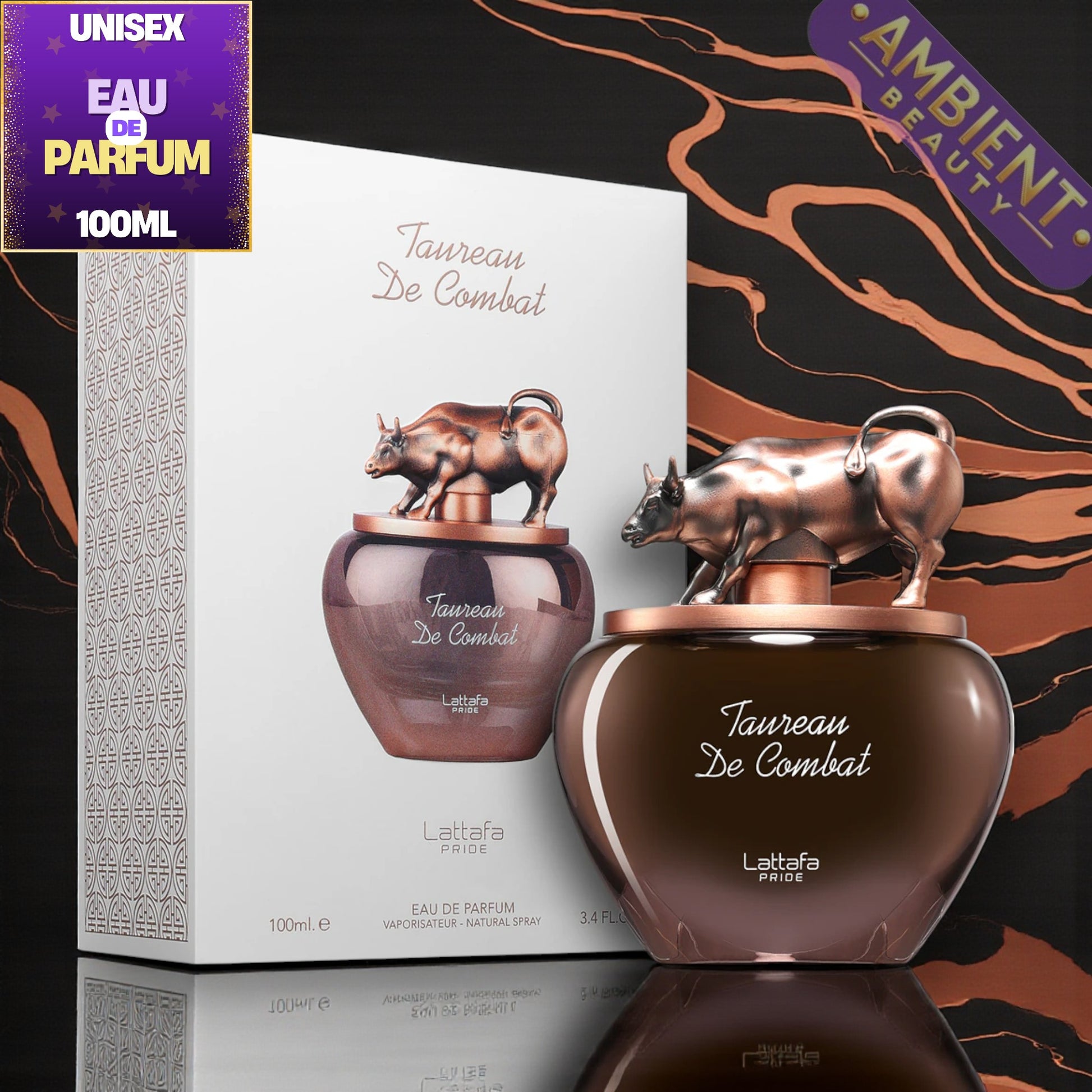 Lattafa Taureau De Combat perfume bottle with packaging and branding on a dark background