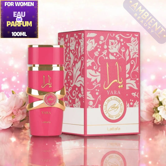 Pink Yara perfume bottle and packaging on a pink background with floral elements.