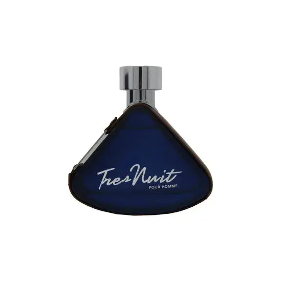 Armaf Tres Nuit EDT Perfume Bottle Blue triangular perfume bottle with silver cap on a white background