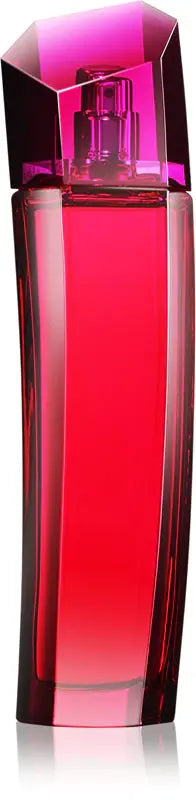 Red perfume bottle with a geometric design on a reflective surface