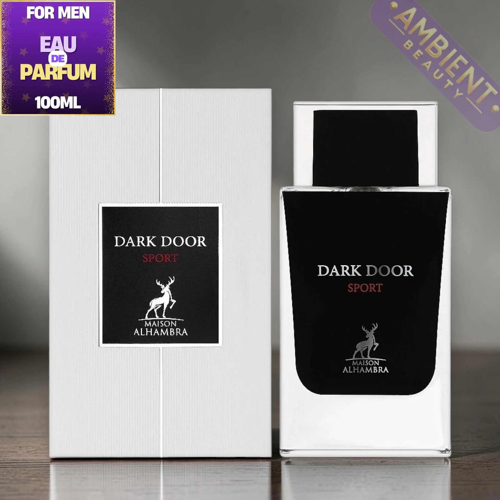 Black perfume bottle and packaging with 'Dark Door' branding on a gray background.