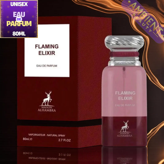 Maison Alhambra Flaming Elixir perfume bottle and packaging on a dark background