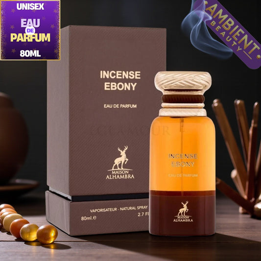 Maison Alhambra Incense Ebony perfume bottle and packaging on a dark background
