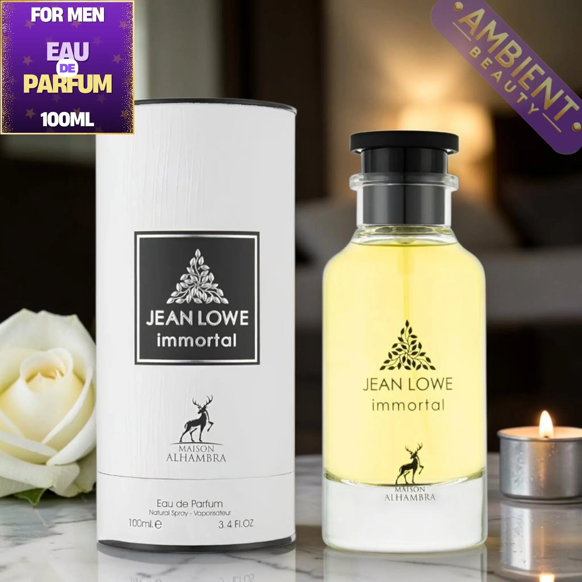 Jean Lowe immortal perfume bottle and packaging on a marble surface with a white rose and candle.