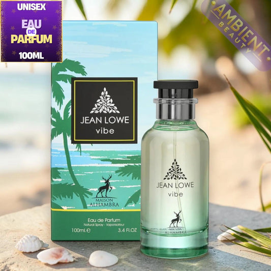 Jean Lowe vibe perfume bottle and packaging on a beach setting