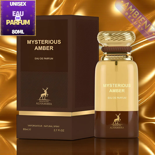 Mysterious Amber perfume bottle and packaging on a gold background