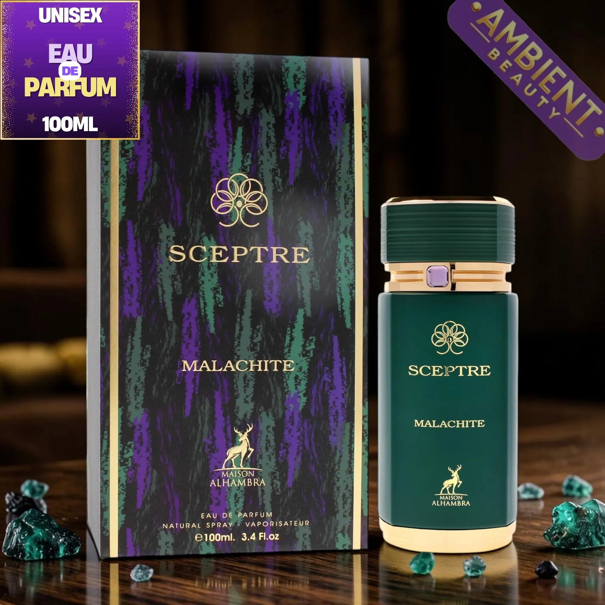 Sceptre Malachite perfume bottle and packaging on a wooden surface with 'Ambient Beauty' branding.