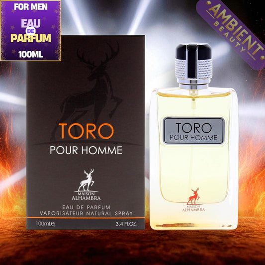 TORO Pour Homme perfume bottle and packaging on a fiery background
