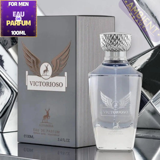 Victorioso eau de parfum bottle and packaging on a reflective surface