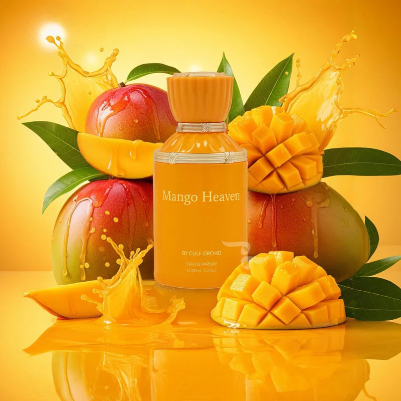 Mango-themed product with 'Mango Heaven' bottle surrounded by mangoes and leaves on a yellow background