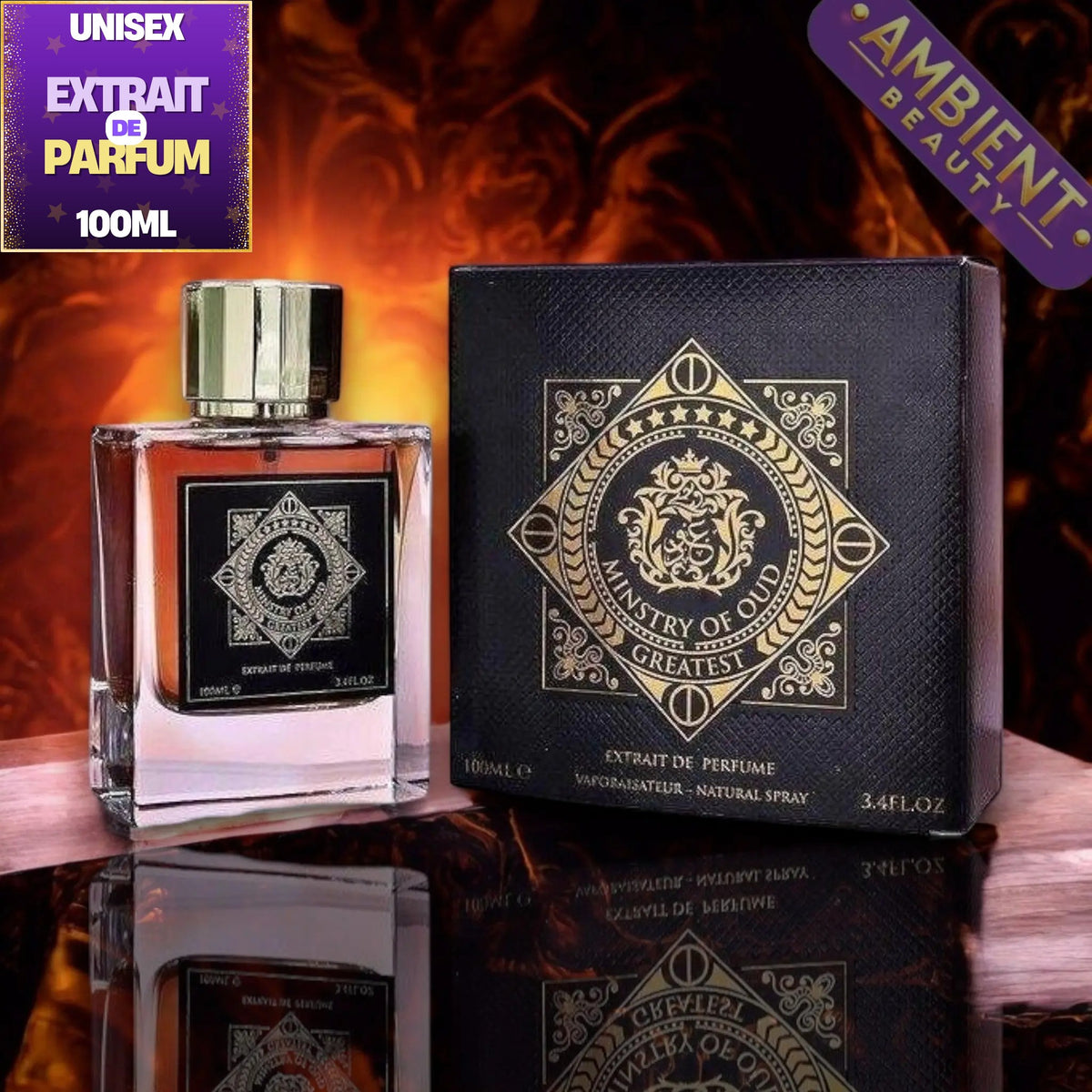 A 100ml bottle of Unisex Extrait de Parfum next to its black packaging box, both featuring gold decorative designs. The background is a fiery orange and brown gradient with a reflective surface below.