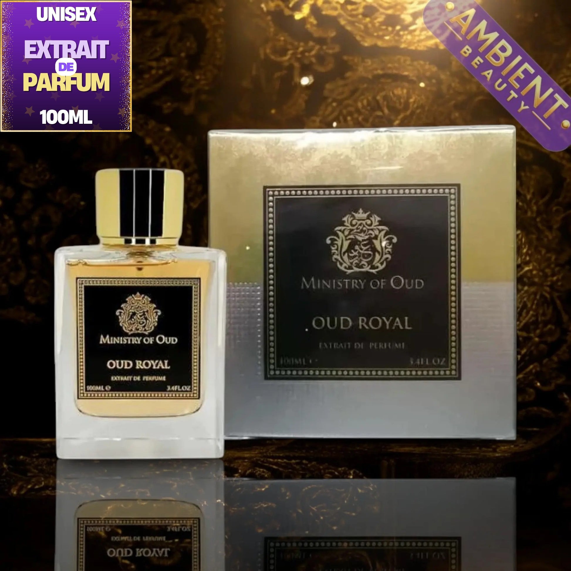 Ministry of Oud Oud Royal Extrait de Parfum 100ml bottle with a gold cap next to its metallic gold and silver packaging box, set against a dark ornate background with promotional text overlays.