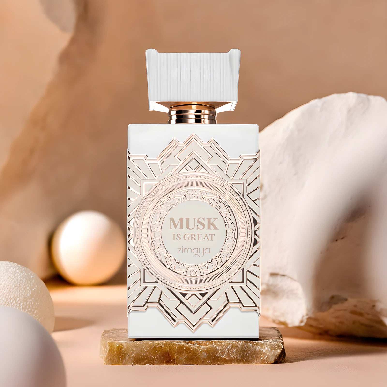 Perfume bottle labeled 'Musk is Great' on a beige background
