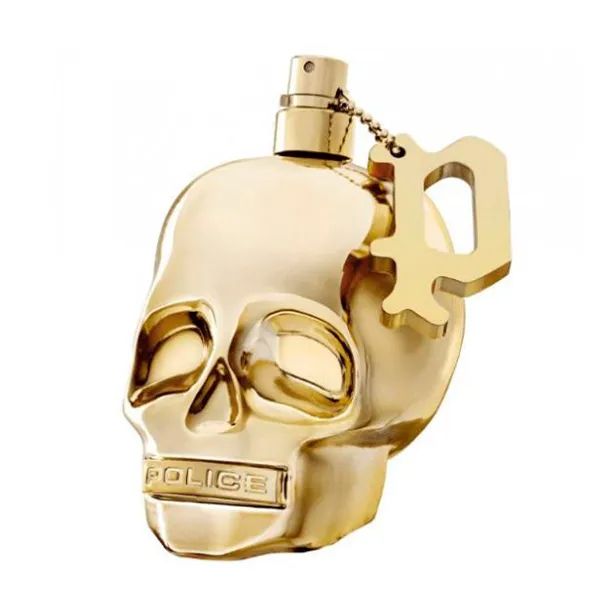 Gold skull-shaped perfume bottle with 'Police' branding on a white background