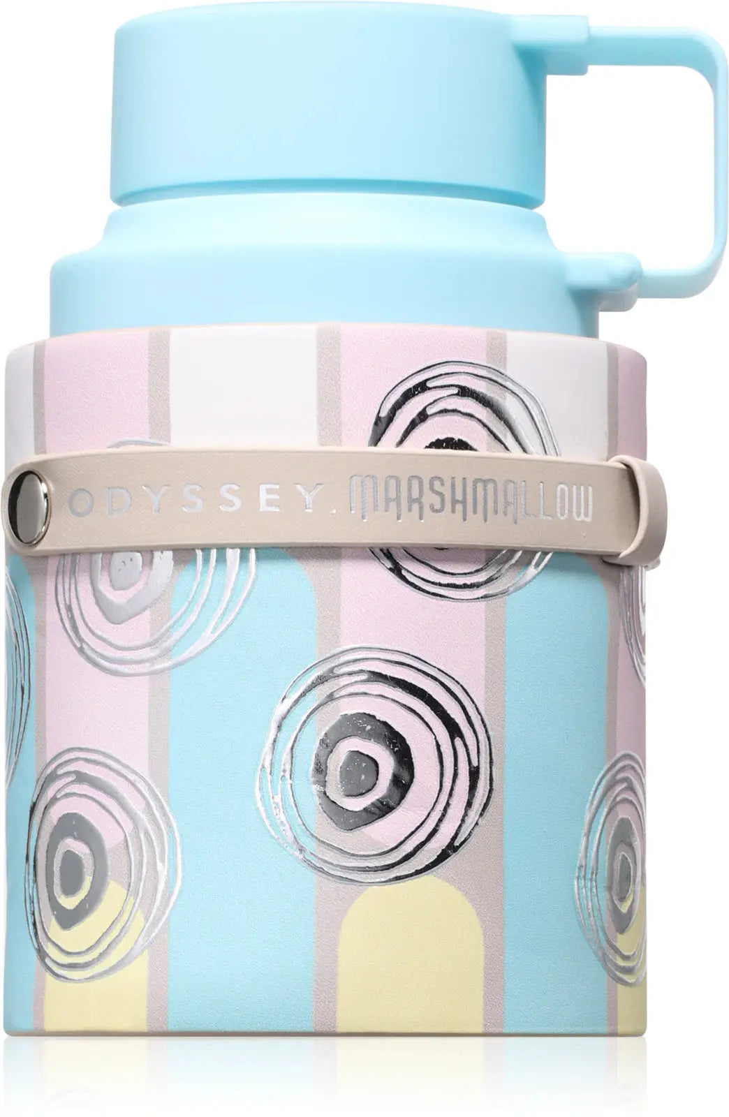 Pastel-colored thermos with decorative design and visible brand name.