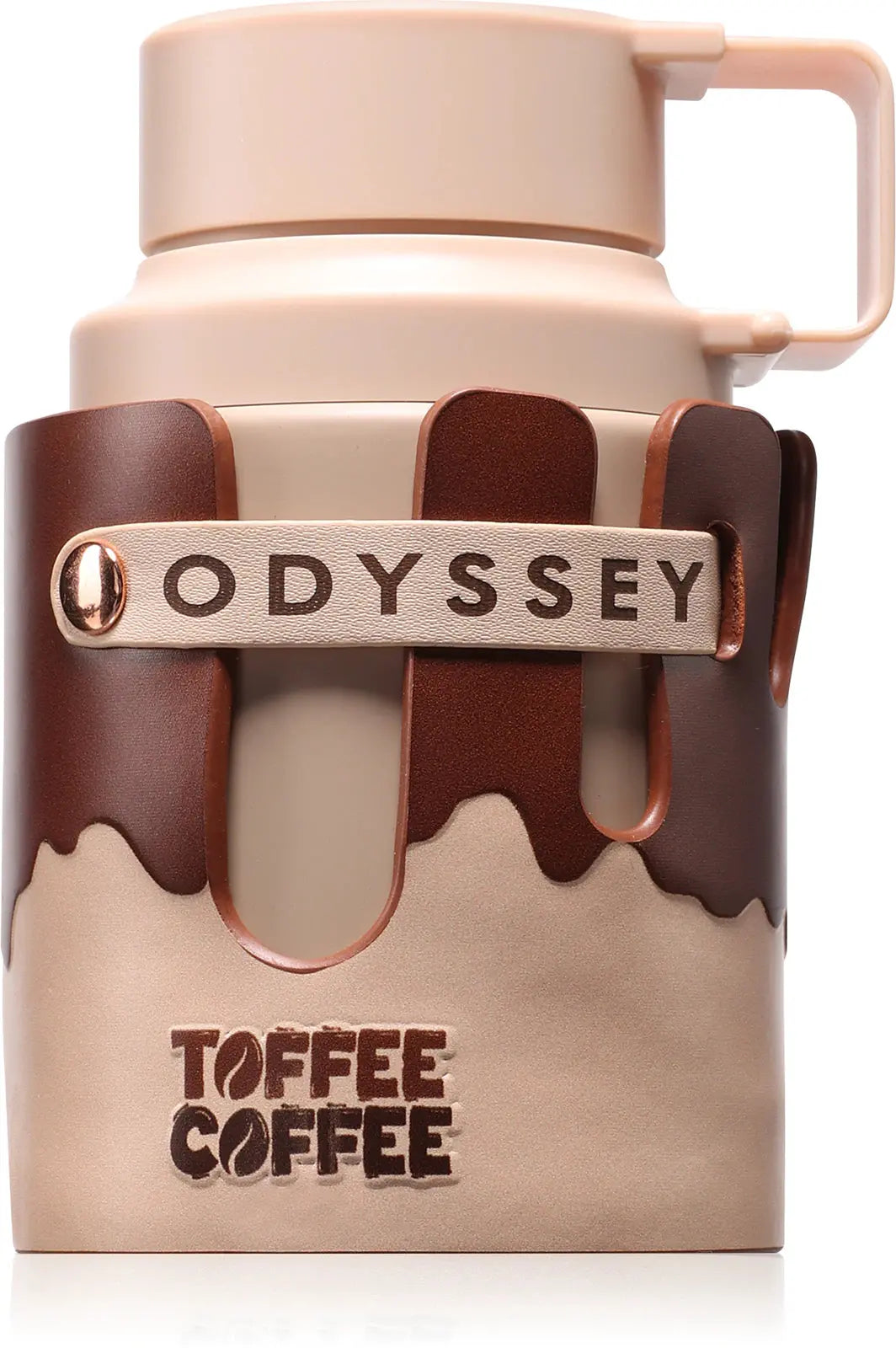 Tumbler with 'Odyssey' branding and 'Toffee Coffee' text on a white background