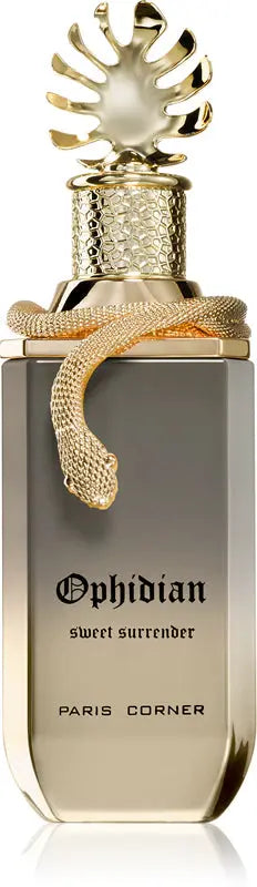 Perfume bottle labeled 'Ophidian sweet surrender' by Paris Corner with gold accents.