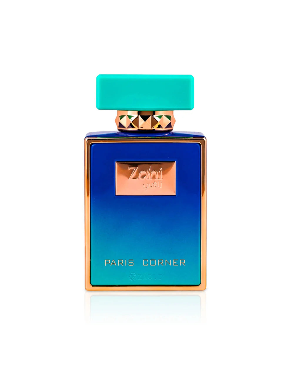 Paris Corner Zahi Perfume bottle with blue and gold design on a white background