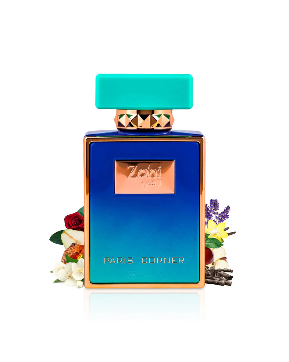 Paris Corner Zahi Perfume bottle with blue gradient and turquoise cap on a white background