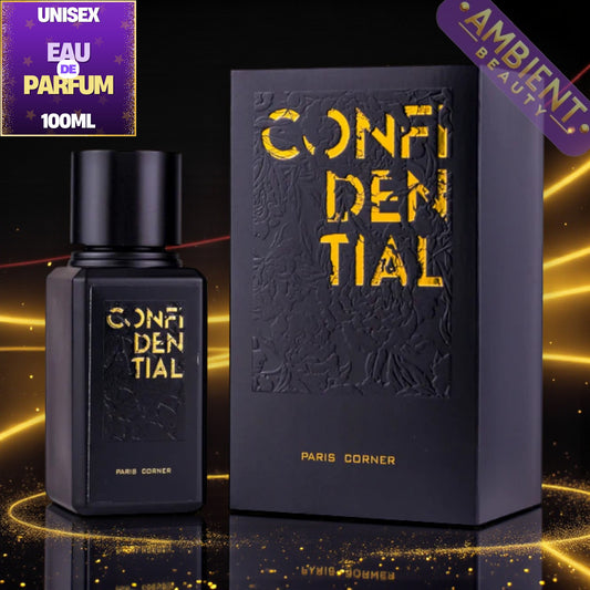 Black Paris Corner Confidential perfume bottle and packaging with gold text on a dark background