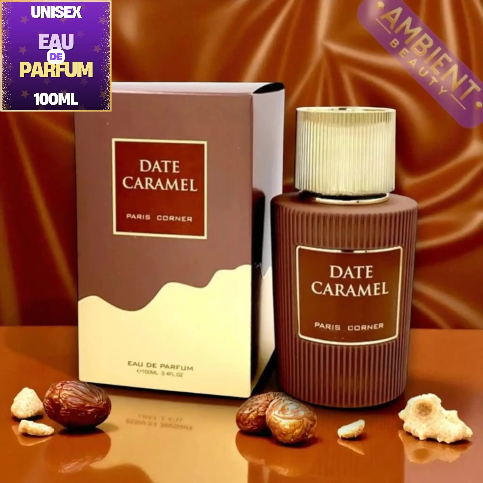 Date Caramel perfume bottle and packaging on a reflective surface with 'Ambient Beauty' branding.