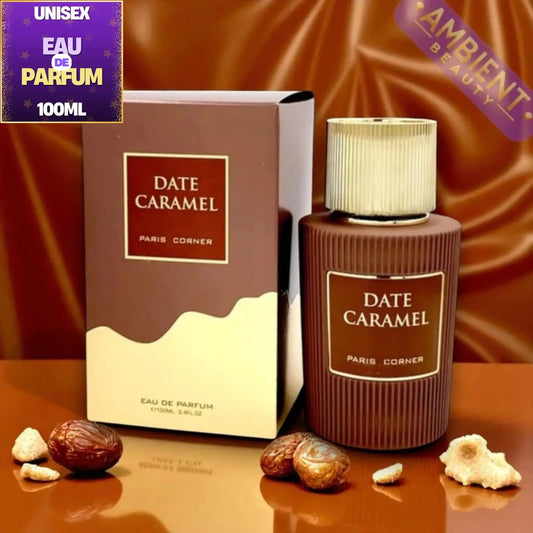 Date Caramel perfume bottle and packaging on a reflective surface with 'Ambient Beauty' branding.