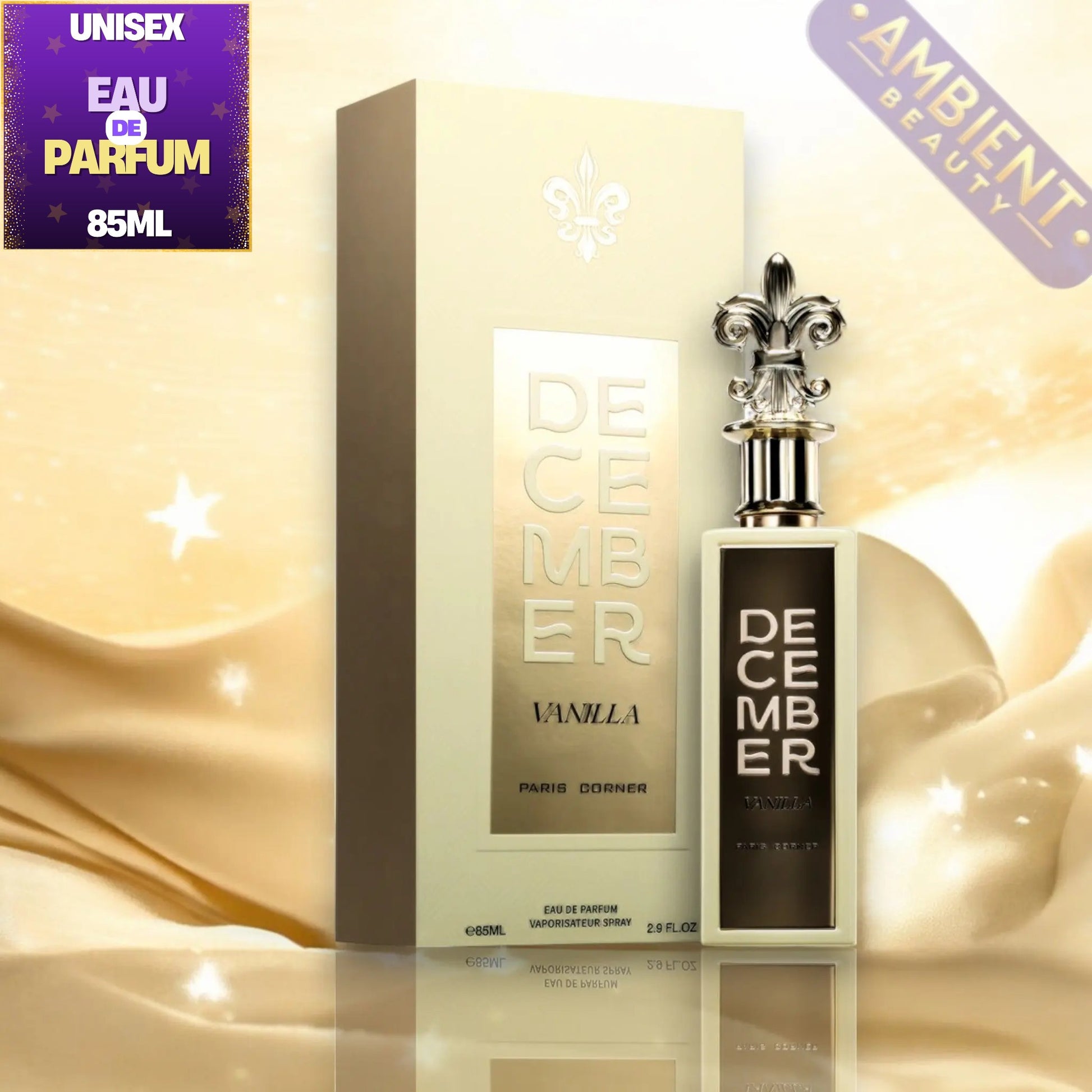 December Vanilla Eau de Parfum 85ml bottle with its matching beige packaging box, set against a warm beige satin background with decorative promotional text overlays.