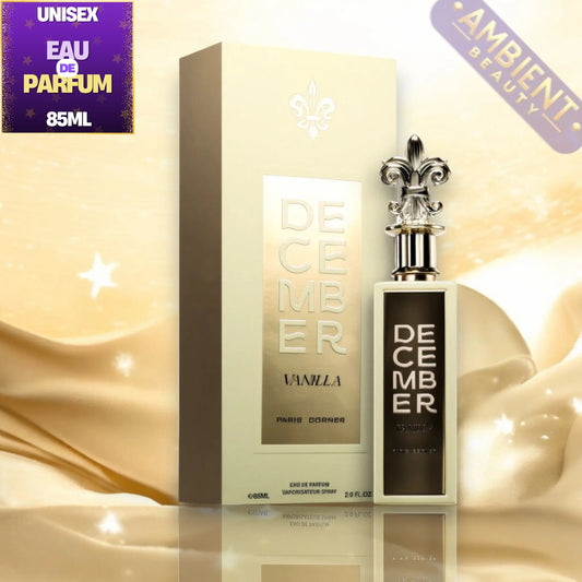 December Vanilla Eau de Parfum 85ml bottle with its matching beige packaging box, set against a warm beige satin background with decorative promotional text overlays.