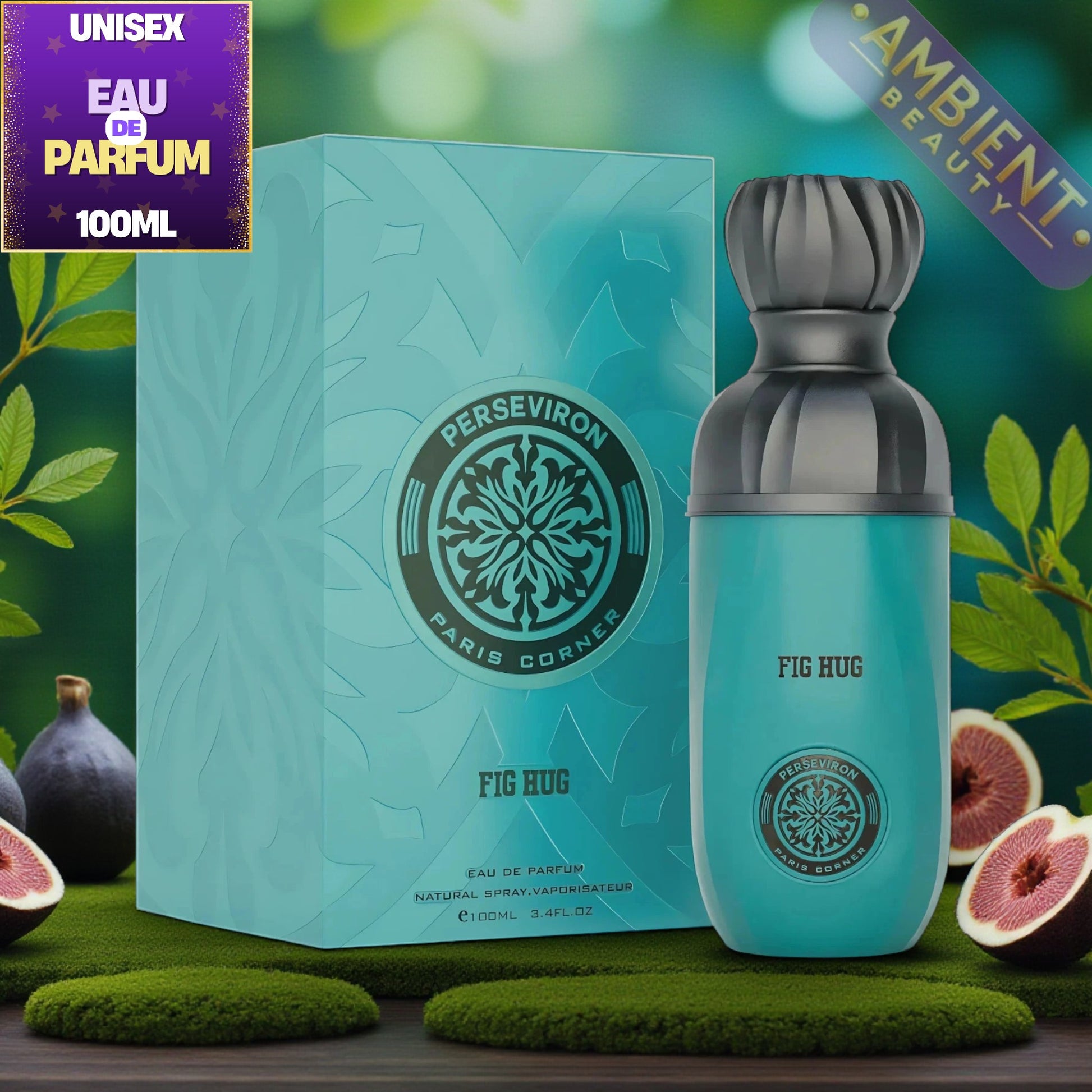 Perseviron Paris Corner Fig Hug perfume bottle and packaging with figs and leaves in the background