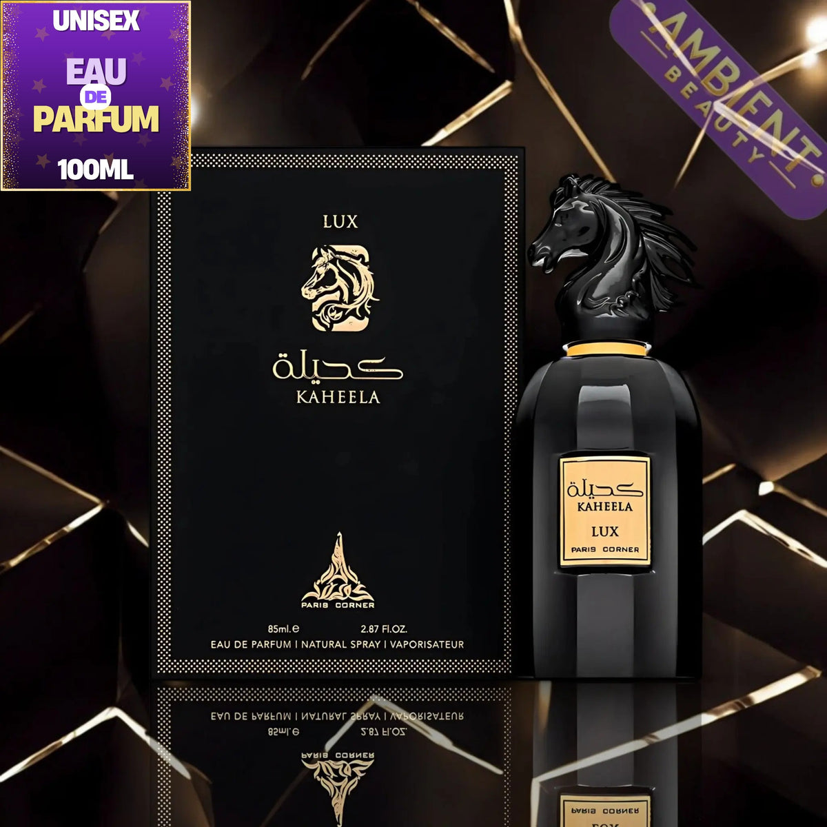 Kaheela Lux Unisex Eau De Parfum 100ml bottle and its black packaging box, featuring a black horse head cap and gold lettering on a dark reflective background.