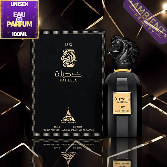 Kaheela Lux Unisex Eau De Parfum 100ml bottle and its black packaging box, featuring a black horse head cap and gold lettering on a dark reflective background.