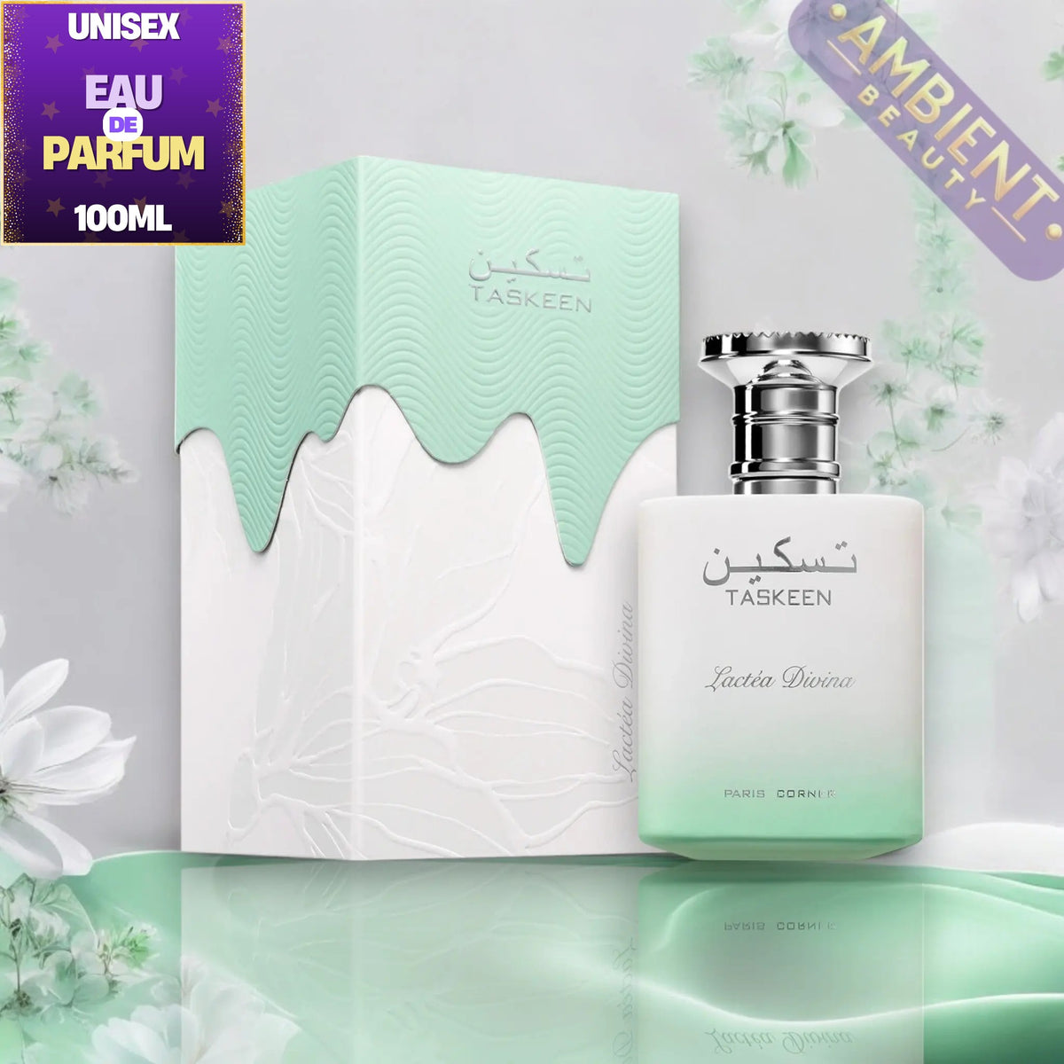 Taskeen Lacteaa Divina Eau de Parfum 100ml bottle with its matching box, displayed on a reflective surface with decorative floral elements and promotional badges.