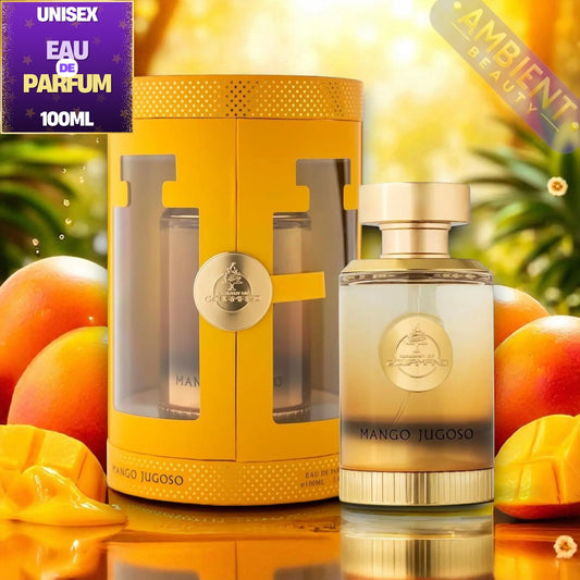 Mango Jugoso Eau de Parfum bottle and its yellow cylindrical packaging box, displayed against a tropical mango and pineapple background with promotional text overlays.