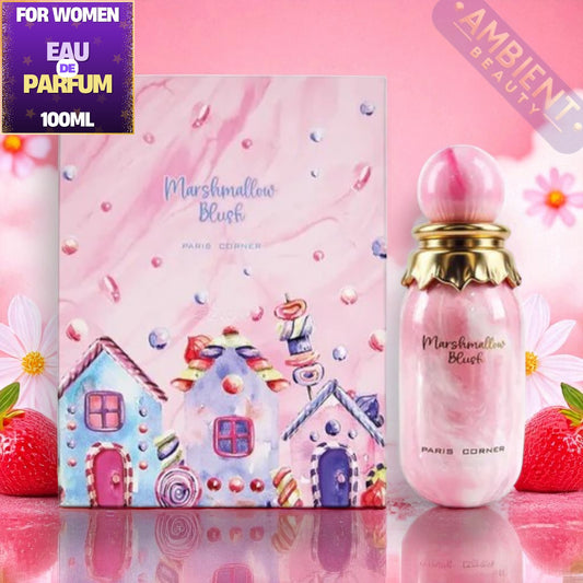 Marshmallow Blush perfume bottle and packaging on a pink background with flowers and strawberries.