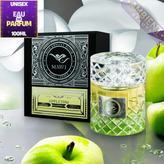 Mawi Appletini unisex eau de parfum 100ml bottle with its black and gold packaging box, styled with fresh green apples 