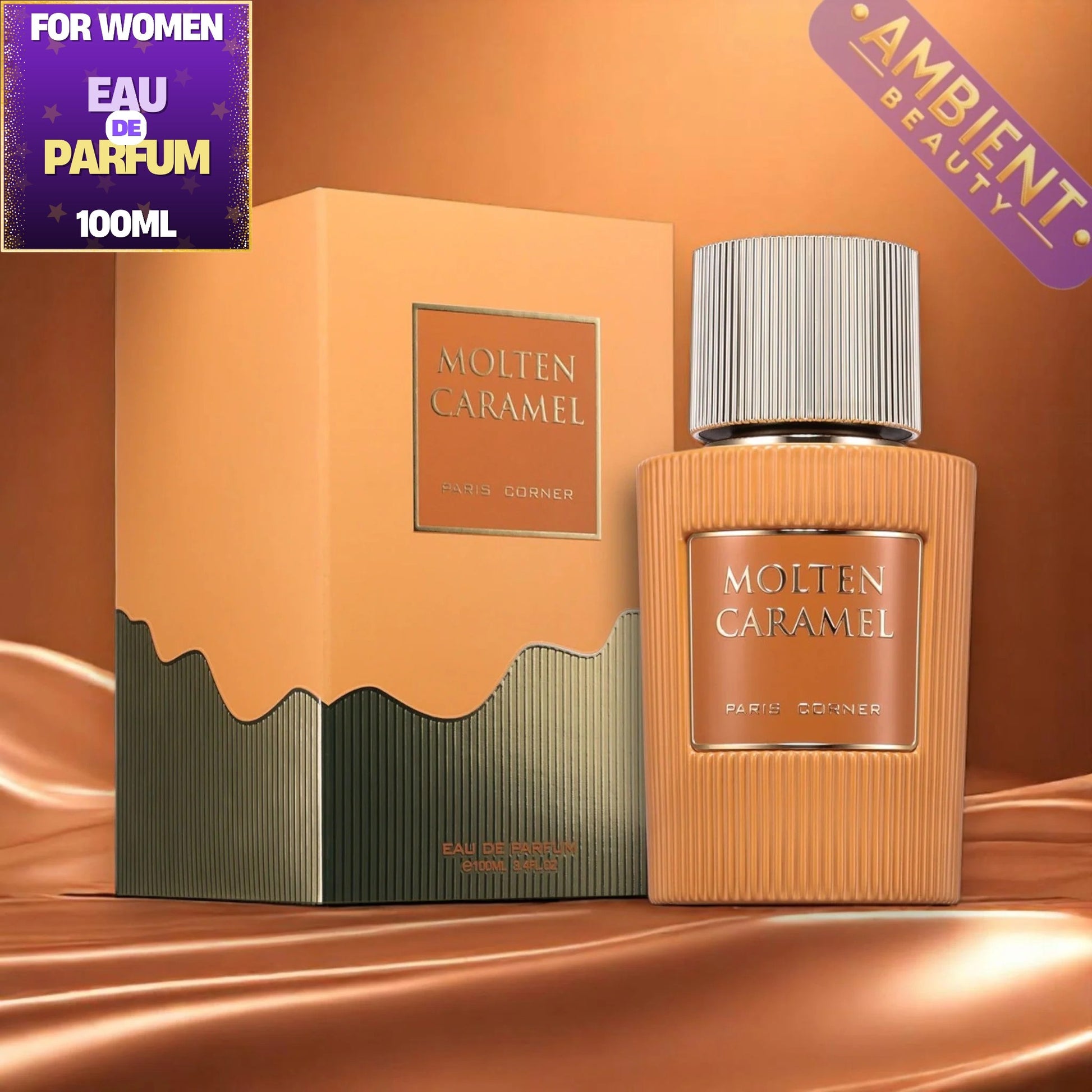 Molten Caramel Eau de Parfum 100ml bottle and its matching box, displayed on a glossy, draped brown background. The packaging features a warm caramel-orange top half with a wavy, dripping design and a textured dark green bottom half.