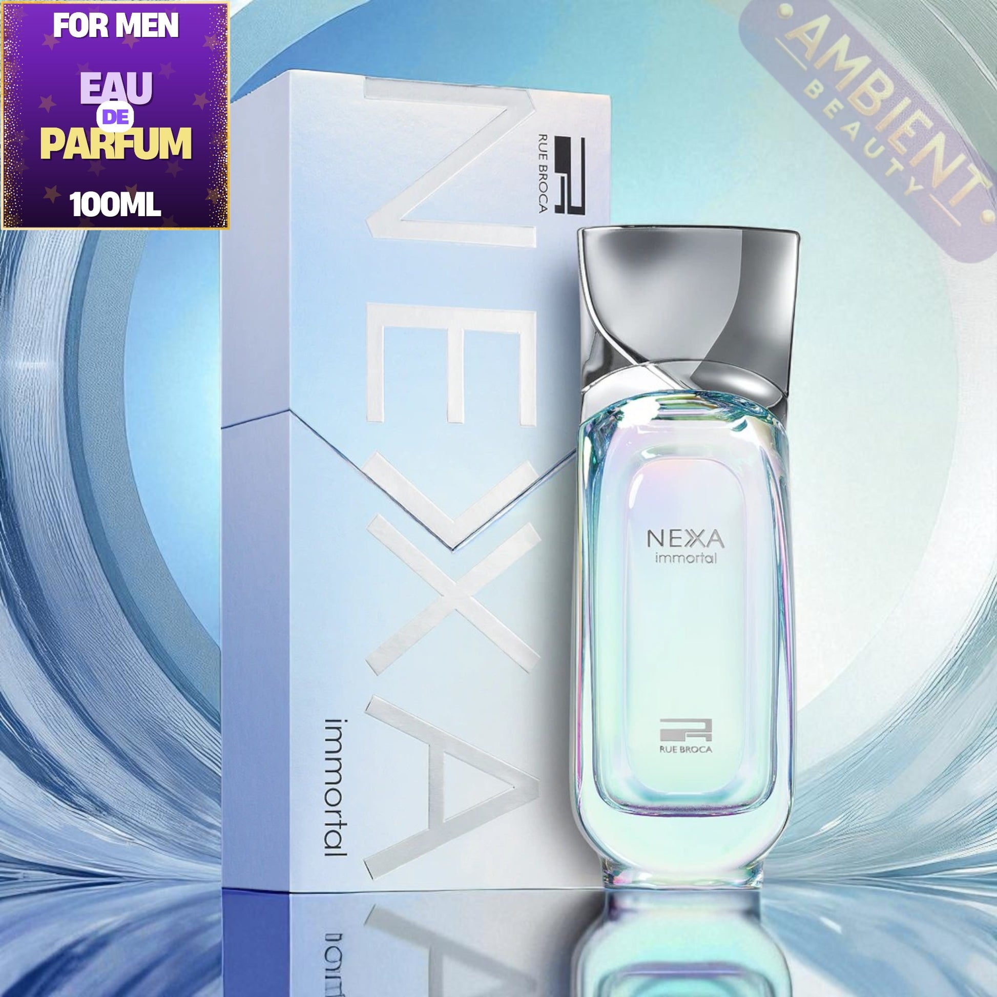 Rue Broca Nexa Immortal perfume bottle and packaging on a blue and white background