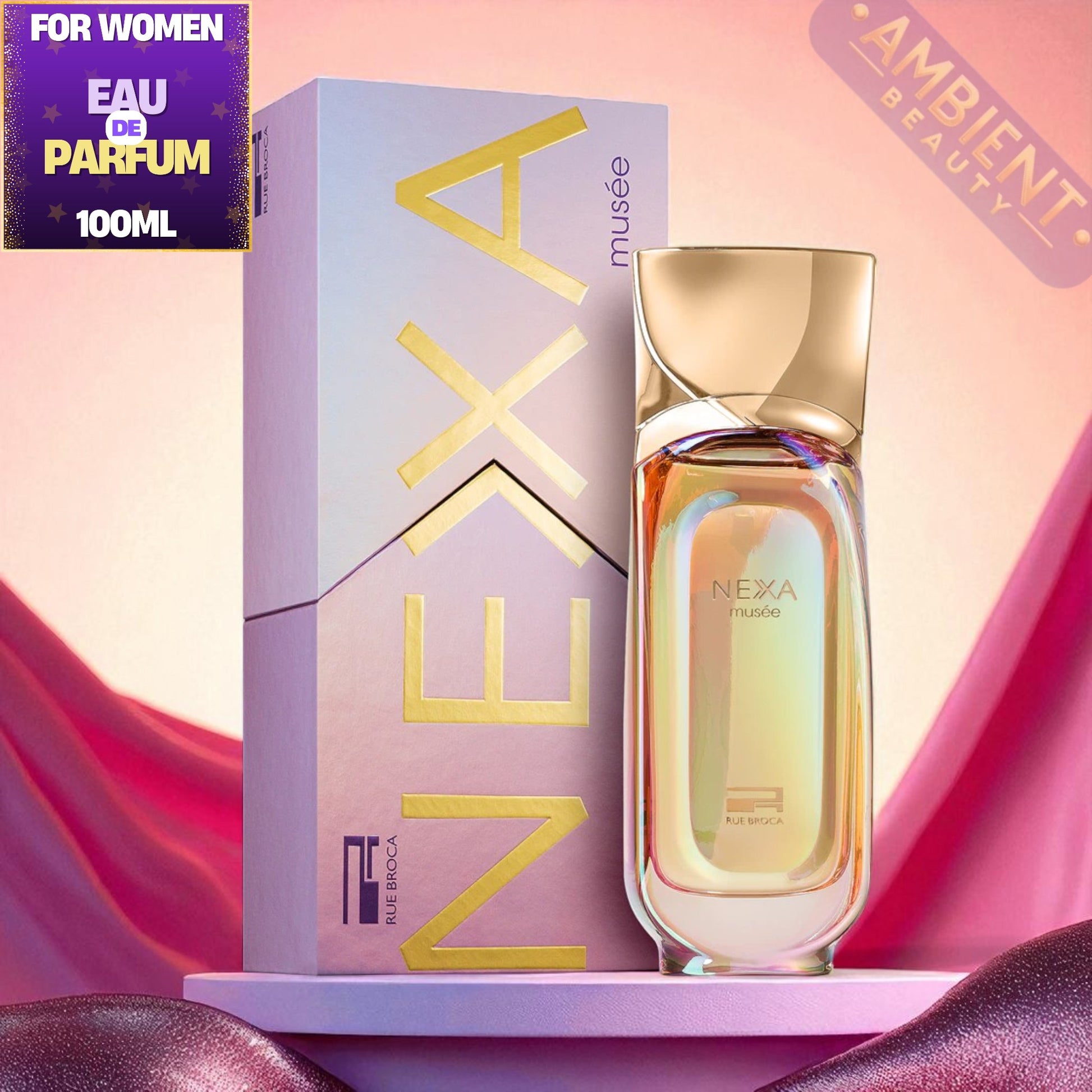 Rue Broca Nexa Musee perfume bottle and packaging on a pink and purple gradient background