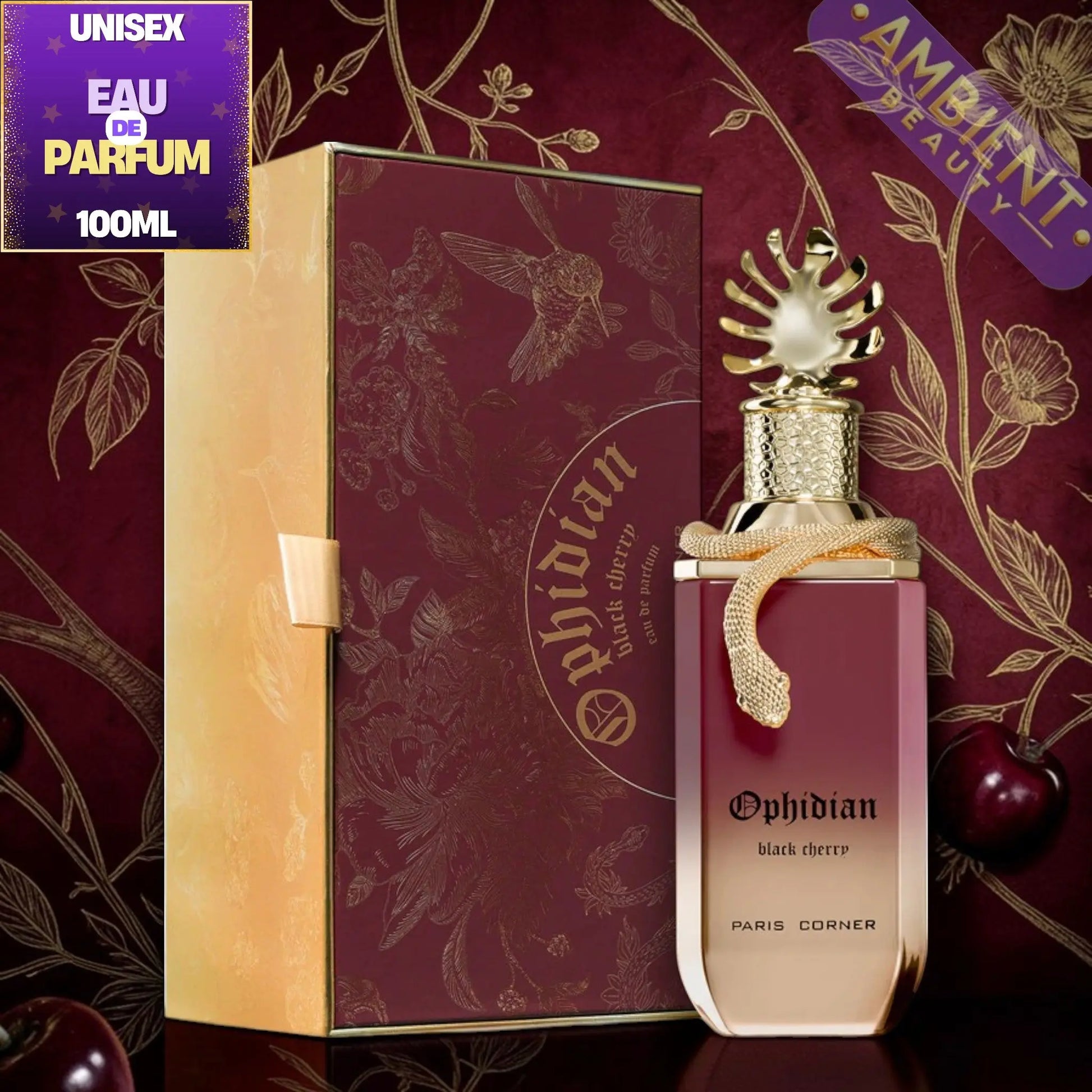 Ophidian Black Cherry perfume bottle and packaging on a decorative background