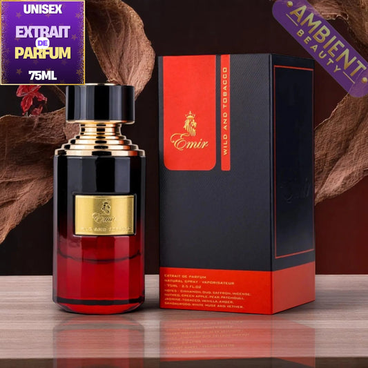Emir Wild and Tobacco Extrait de Parfum 75ml bottle with a black cap and gold label, shown next to its black and red packaging box on a wooden surface.