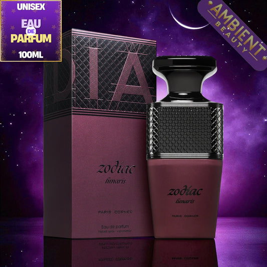 Paris Corner Zodiac Lunaris perfume bottle and packaging on a purple background with 'Ambient Beauty' branding.