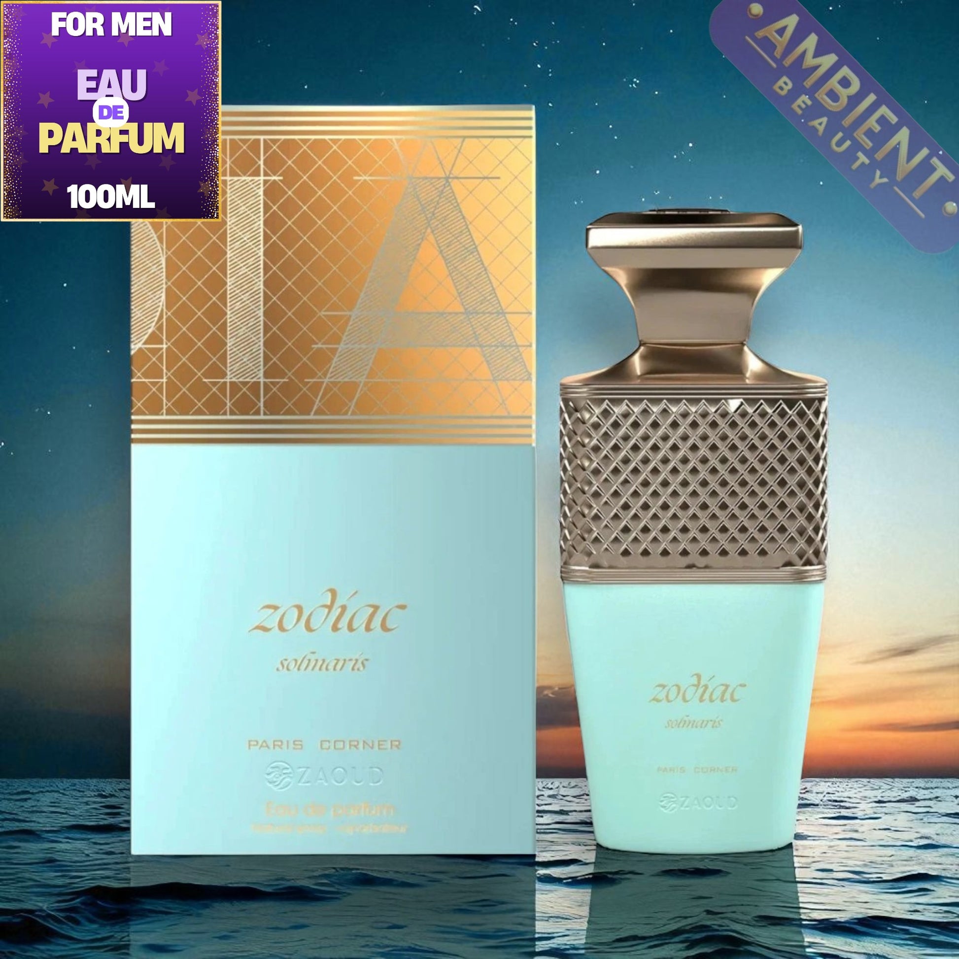 Paris Corner Zodiac Solmaris Perfume bottle and packaging with 'Ambient Beauty' branding on a scenic background